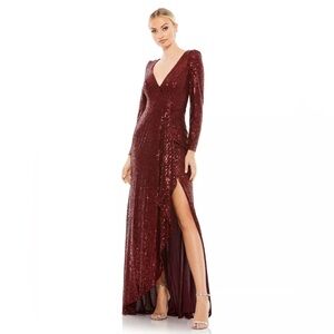MAC DUGGAL 26574 SEQUINED FAUX WRAP LONG SLEEVE WINE COLUMN GOWN Size 16 Dress